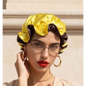 Reversible Satin Sleep Bonnet – Brown & Yellow – Extra Large, Elastic Fit